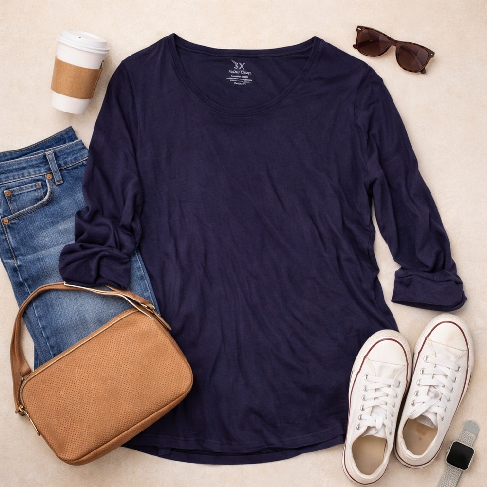 Faded Glory Navy Long Sleeve Scoop Neck Tee 3X Plus Size Soft Modal Blend